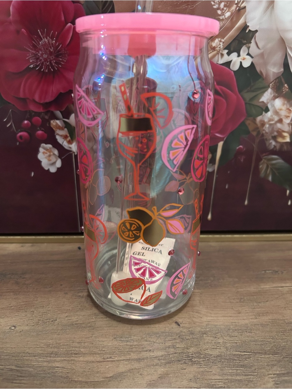 Pink Citrus Glass Tumbler with Straw - Picture 3 of 5